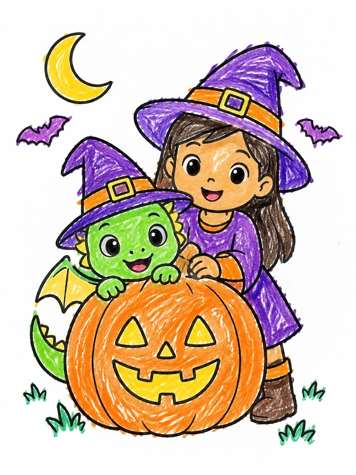 Colored example of the Little Witch And Dragon With Halloween Pumpkin coloring page