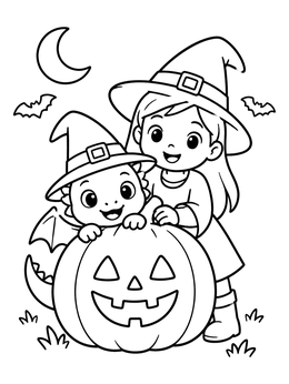 Free printable Little Witch And Dragon With Halloween Pumpkin coloring page