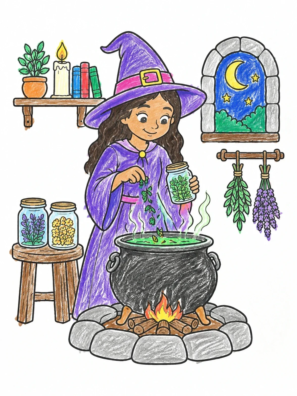 Colored example of the Little Witch Brewing An Herbal Potion coloring page