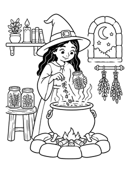 A friendly young girl brews a potion in this cute witch coloring page.
