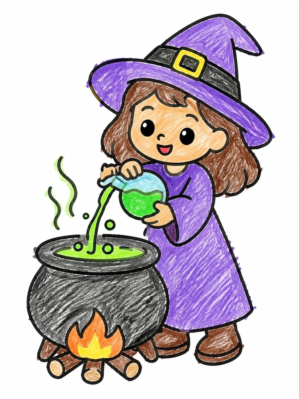 Colored example of the Little Witch Brewing A Potion coloring page