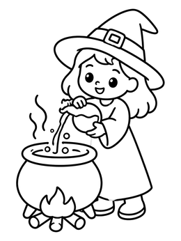A cute witch coloring page showing a young girl pouring a potion into a cauldron over a fire.
