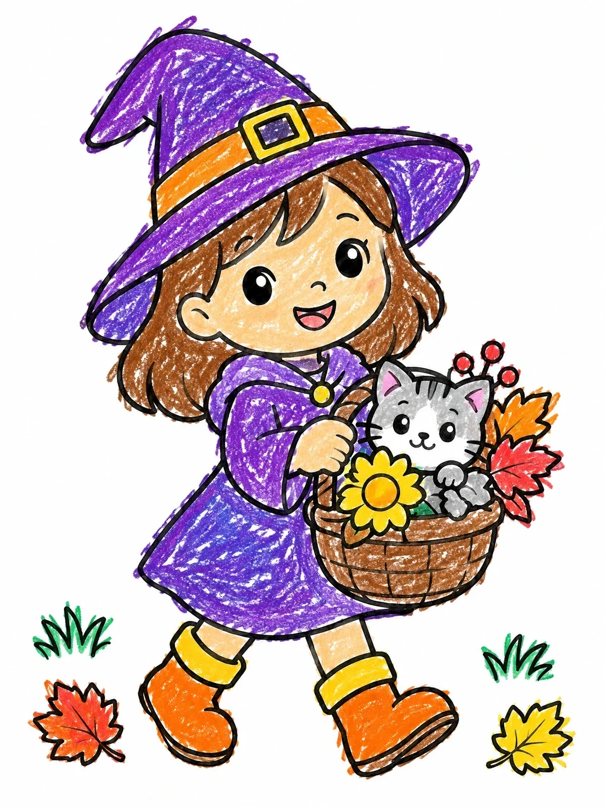 Colored example of the Little Witch Carrying Autumn Basket coloring page