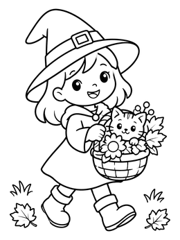 A cute little witch coloring page featuring a kitten peeking from a basket of flowers.