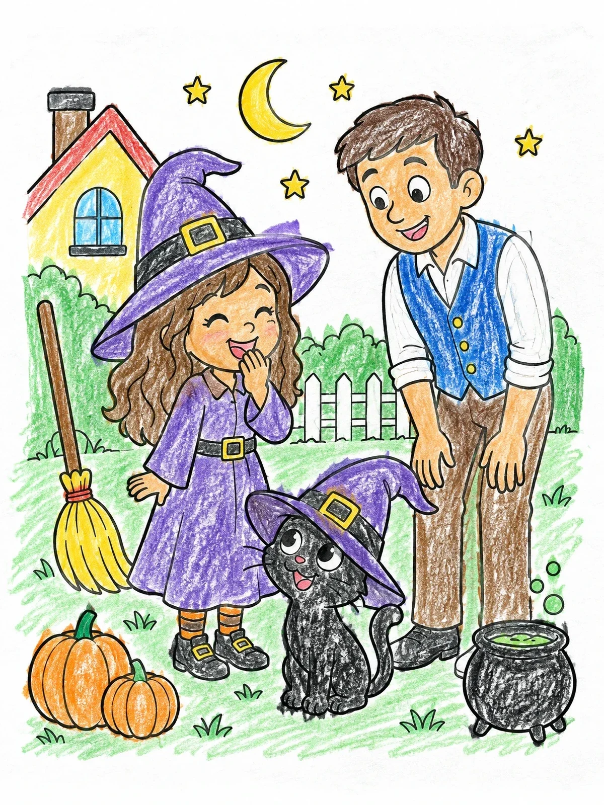 Colored example of the Little Witch And Cat In Hat coloring page