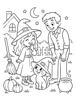 Free printable Little Witch And Cat In Hat coloring page