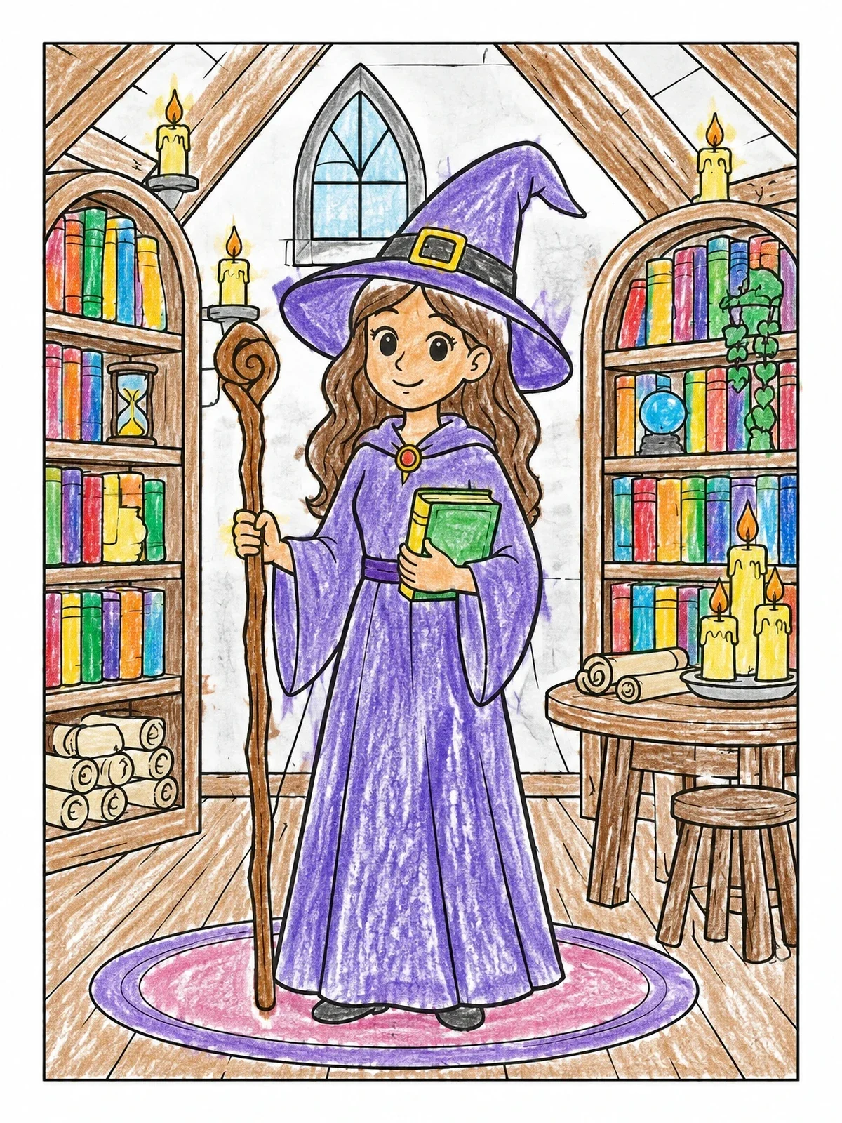 Colored example of the Little Witch In The Attic Library coloring page