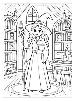 A young witch holding a staff and book in this witch coloring page.