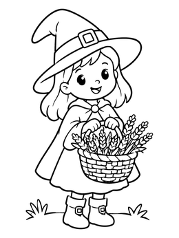 Free printable Little Witch With Lavender Basket coloring page