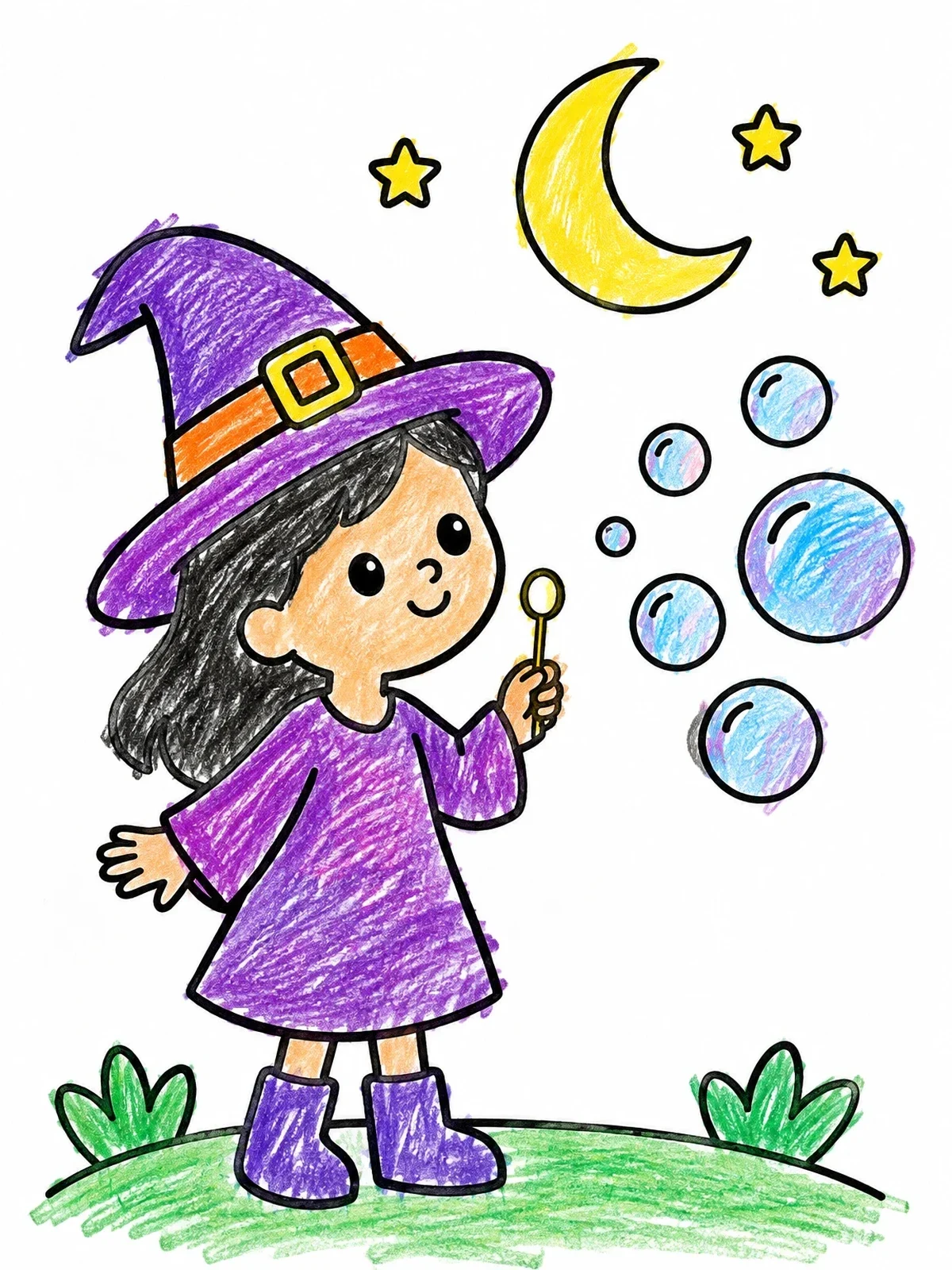 Colored example of the Little Witch Blowing Magic Bubbles coloring page