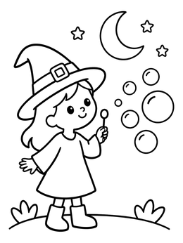 Free printable Little Witch Blowing Magic Bubbles coloring page