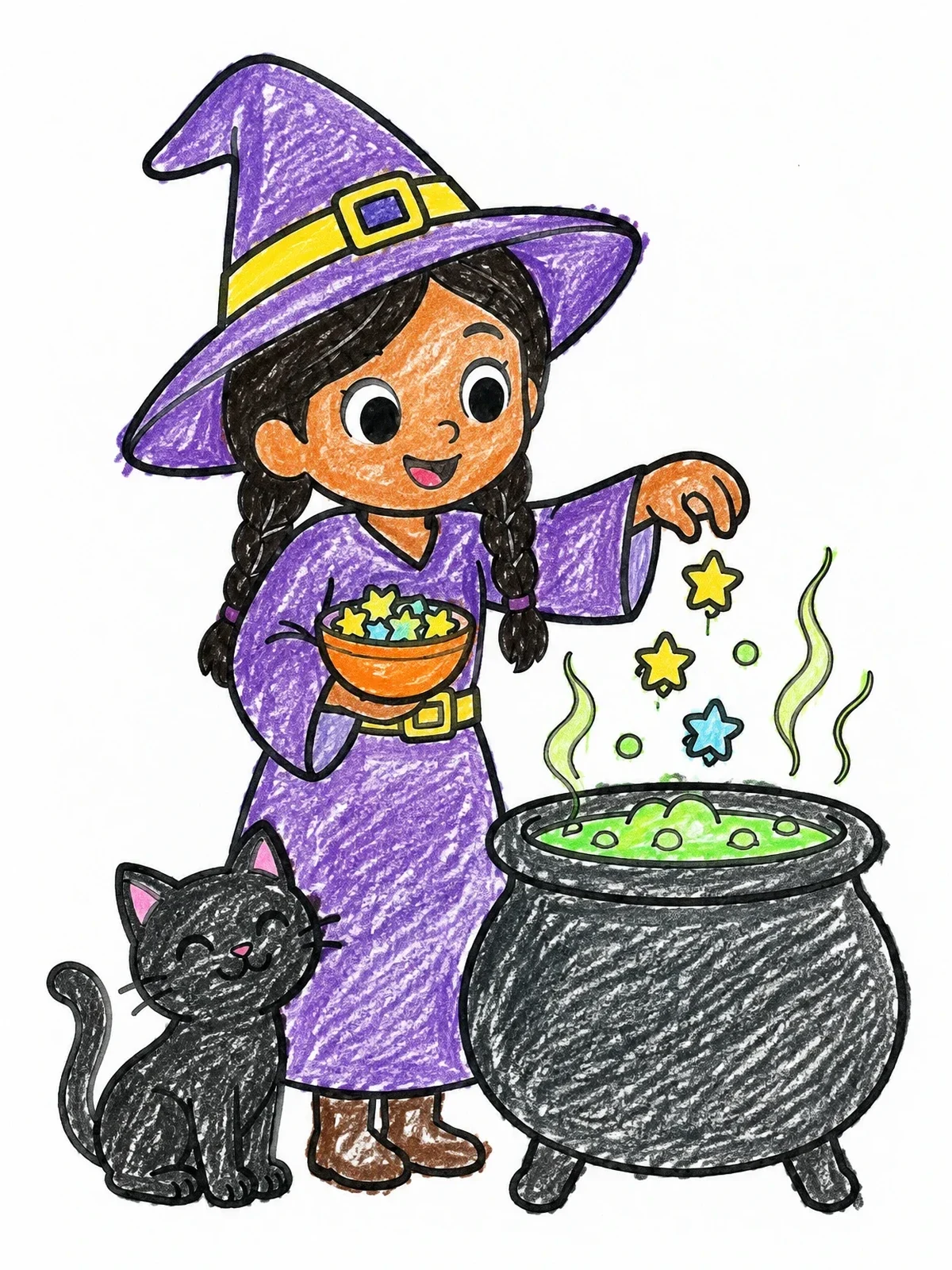 Colored example of the Little Witch And Magic Cauldron coloring page
