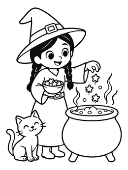 Free printable Little Witch And Magic Cauldron coloring page