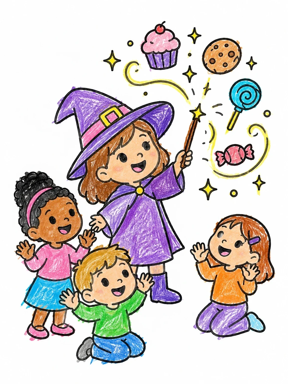 Colored example of the Little Witch Making Magic Treats coloring page