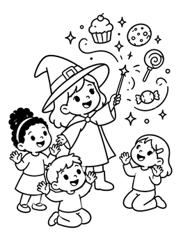 Free printable Little Witch Making Magic Treats coloring page