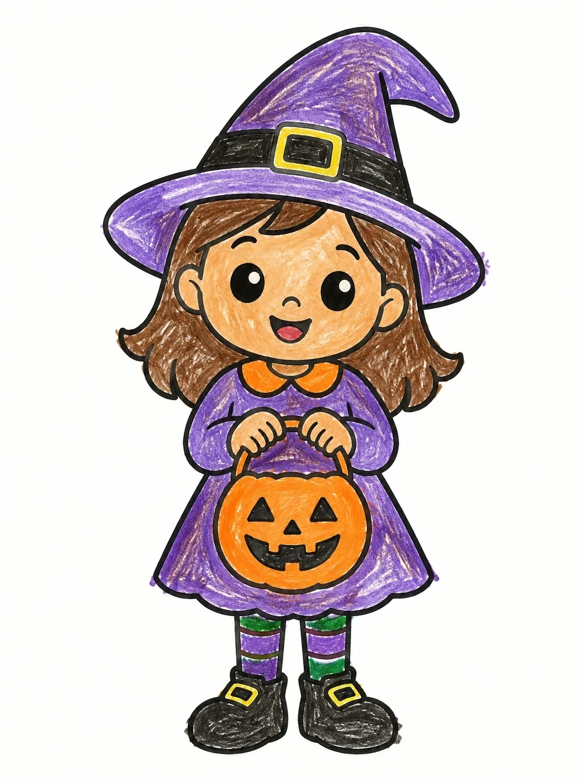 Colored example of the Little Witch With Pumpkin Treat Bucket coloring page