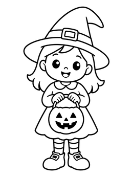 Free printable Little Witch With Pumpkin Treat Bucket coloring page
