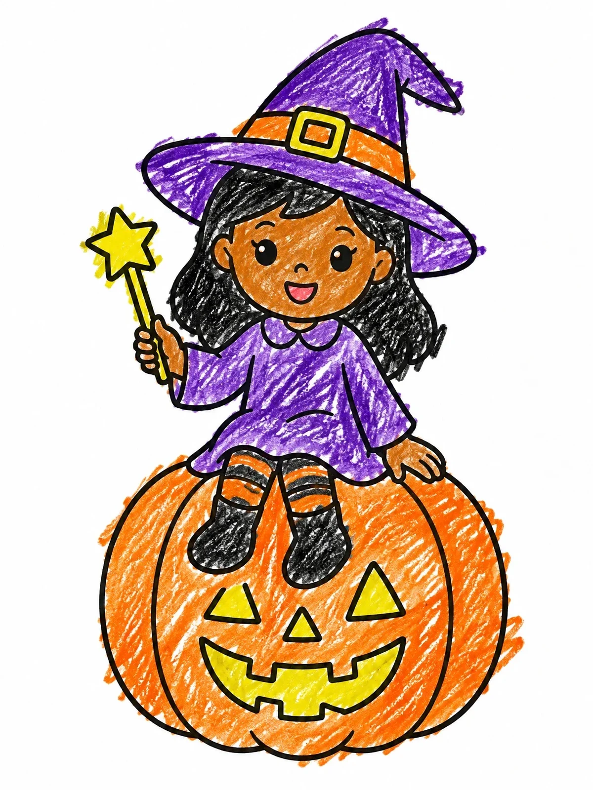Colored example of the Little Witch Sitting On A Jack O' Lantern coloring page
