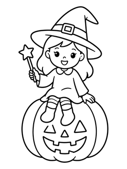 Free printable Little Witch Sitting On A Jack O' Lantern coloring page