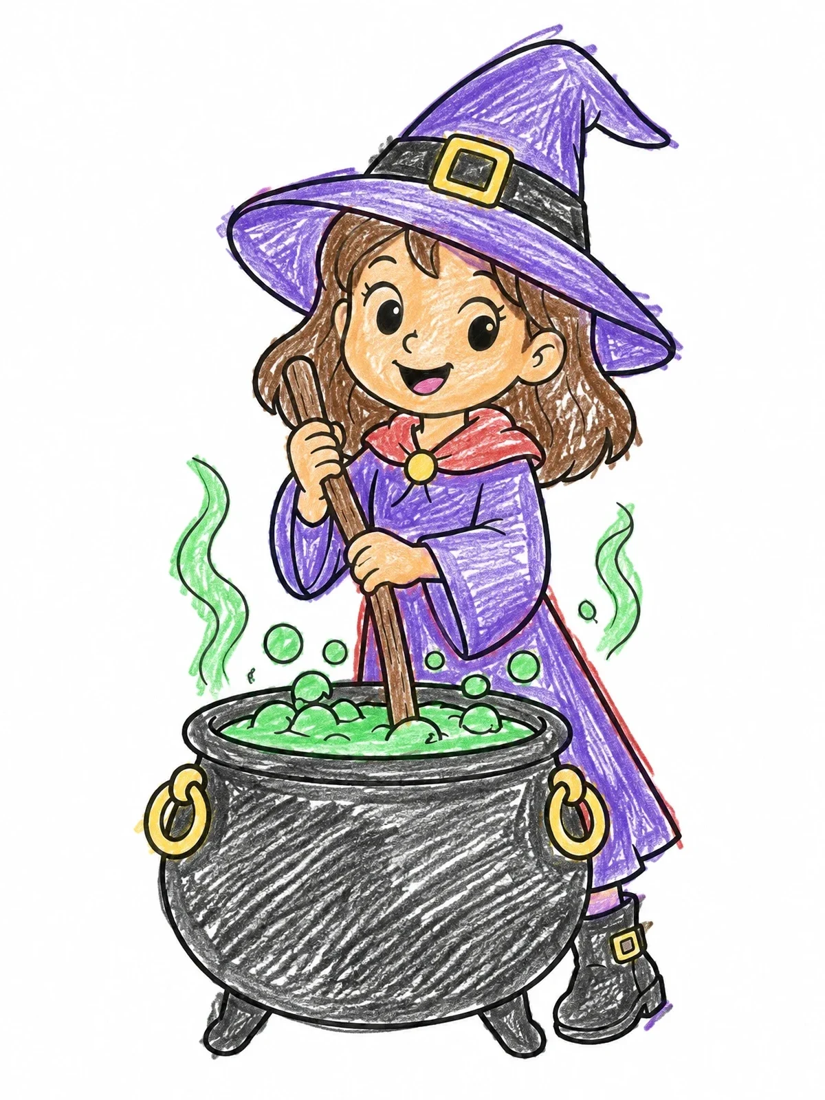 Colored example of the Little Witch Stirring Magic Cauldron coloring page