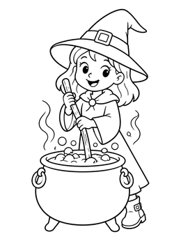 Free printable Little Witch Stirring Magic Cauldron coloring page