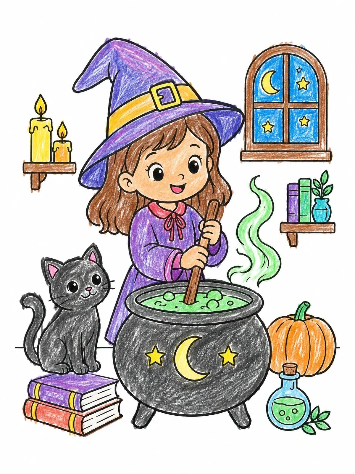 Colored example of the Little Witch Stirring Magic Cauldron coloring page