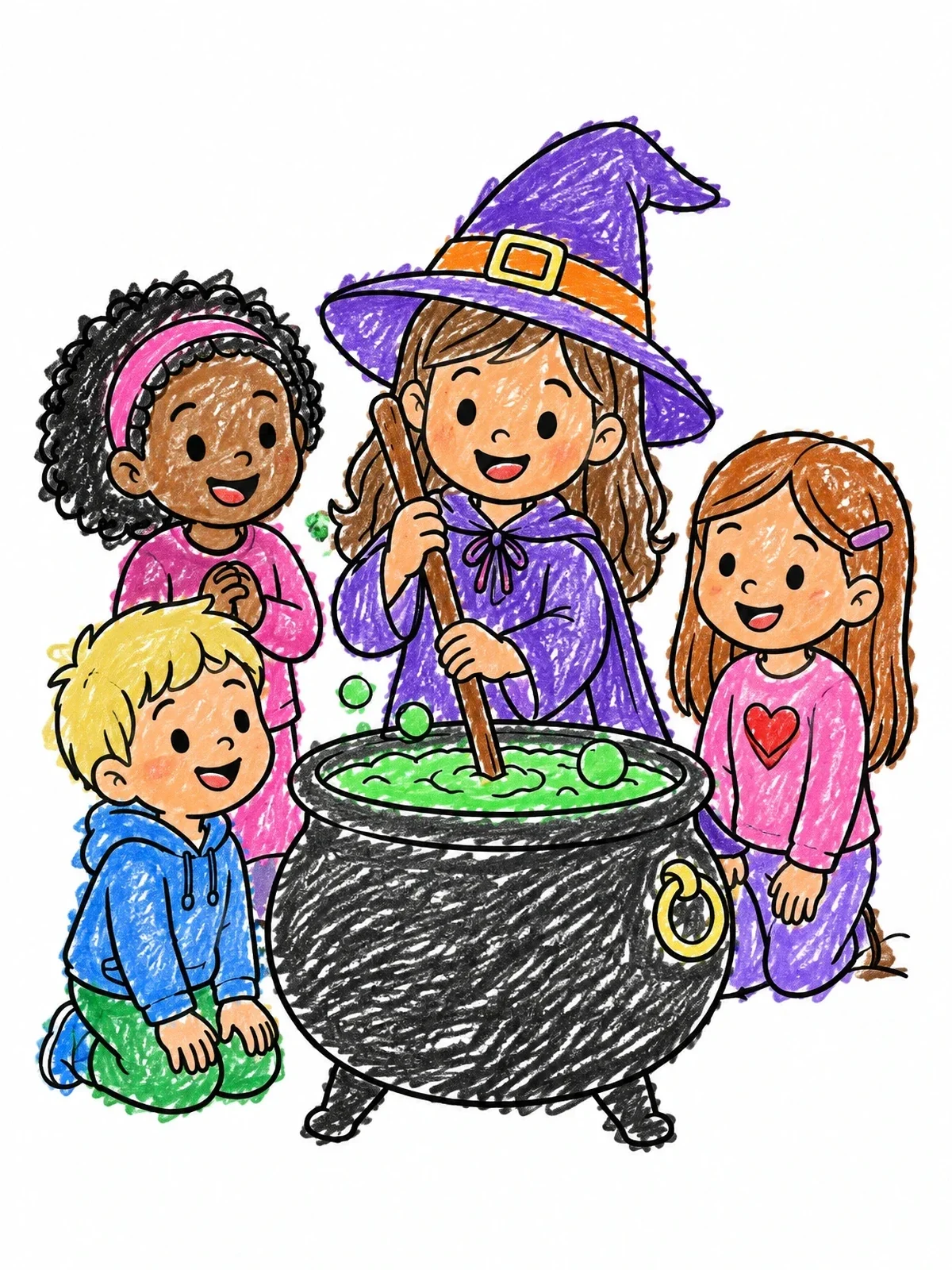 Colored example of the Little Witch Stirring Magic Cauldron coloring page