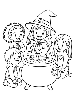 Free printable Little Witch Stirring Magic Cauldron coloring page