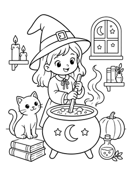 Free printable Little Witch Stirring Magic Cauldron coloring page
