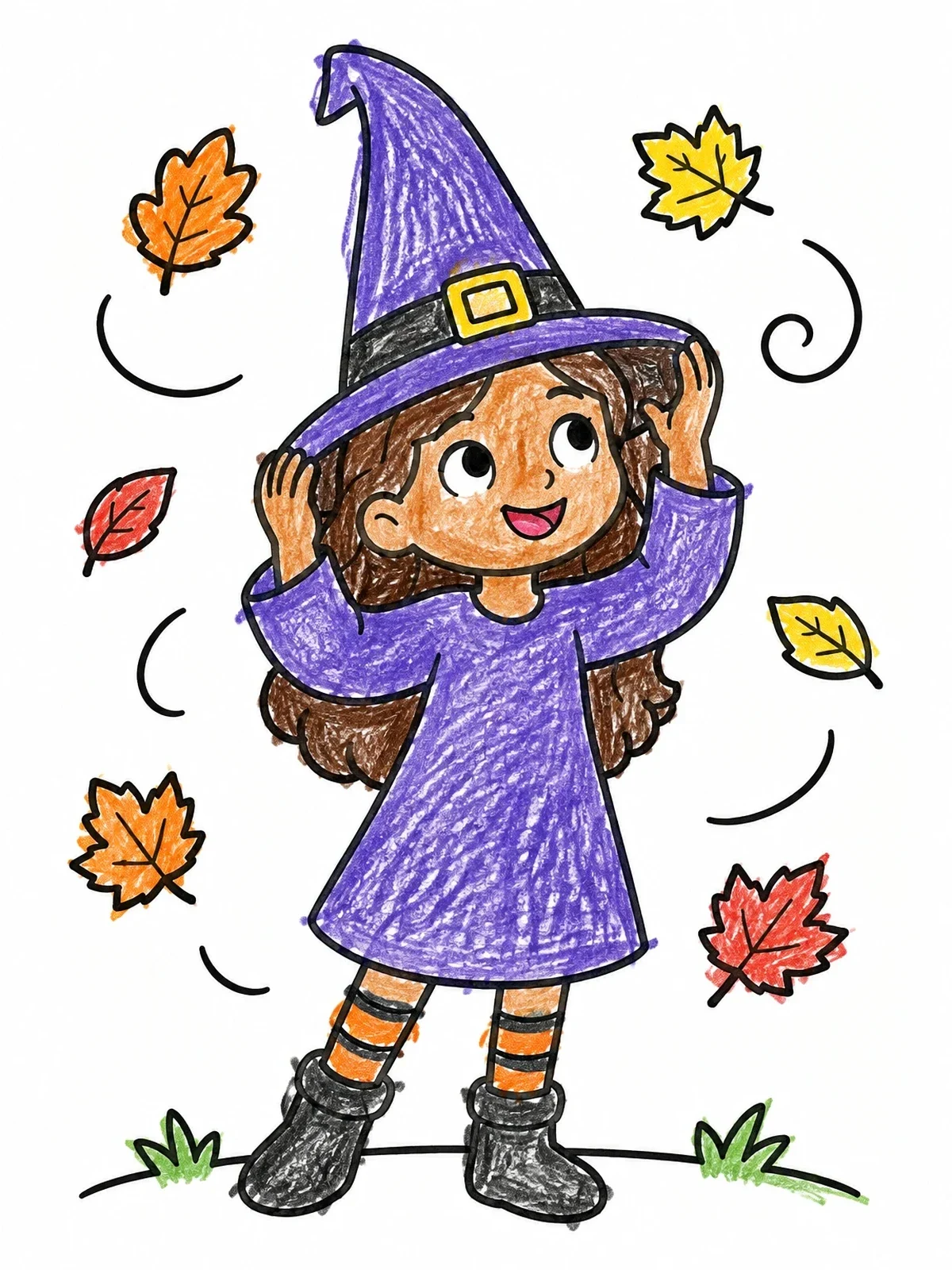 Colored example of the Little Witch In Swirling Autumn Leaves coloring page