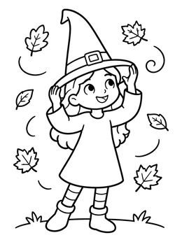 Free printable Little Witch In Swirling Autumn Leaves coloring page