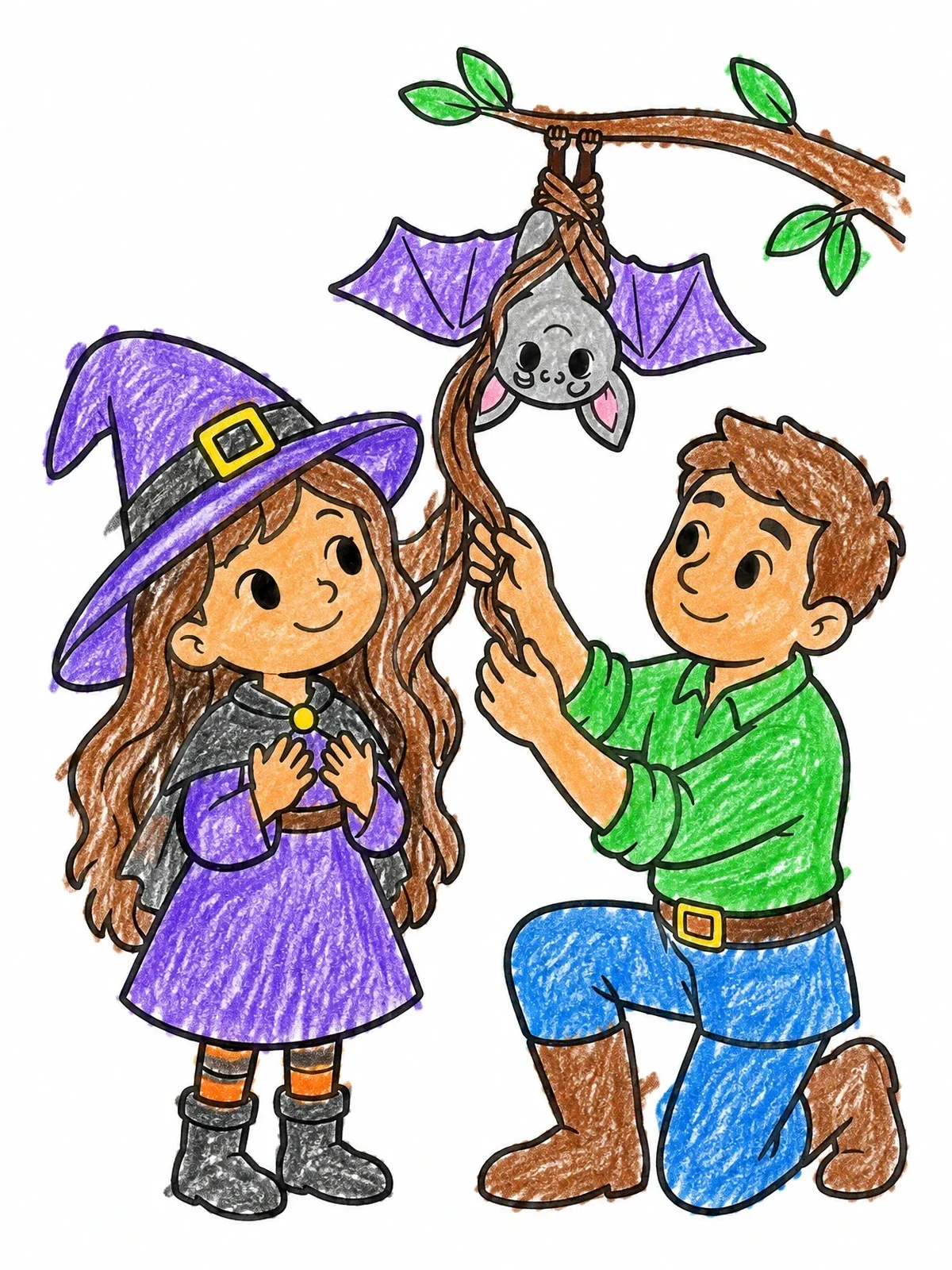 Colored example of the Little Witch And Friendly Bat coloring page