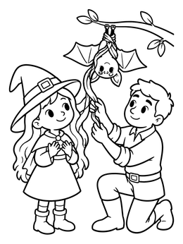 A friendly boy untangles a cute bat from a little girl's hair in this witch coloring page.