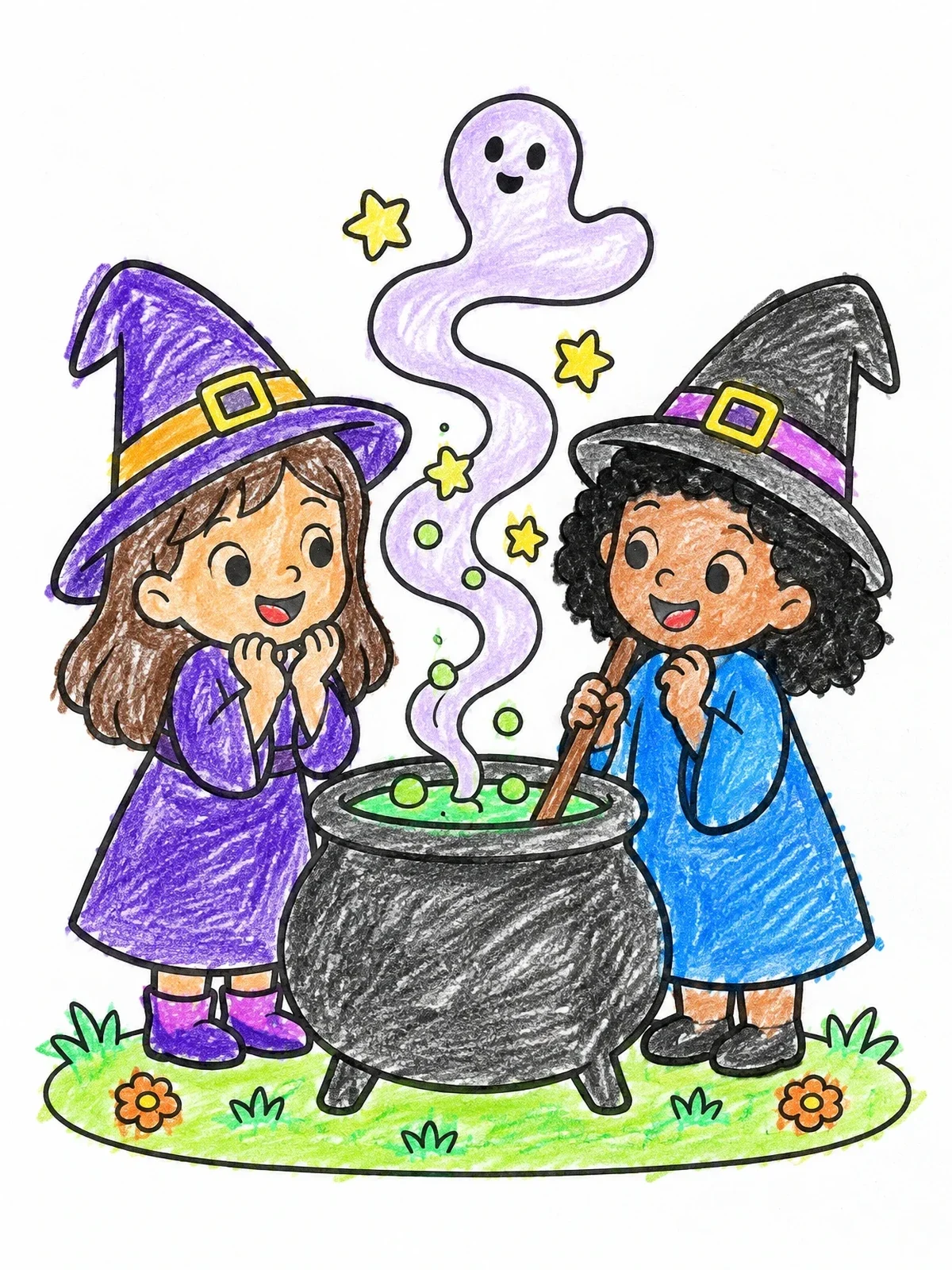 Colored example of the Little Witches And Ghostly Cauldron coloring page