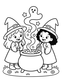 Two young witches stirring a magic cauldron coloring page with a friendly smoke ghost rising.