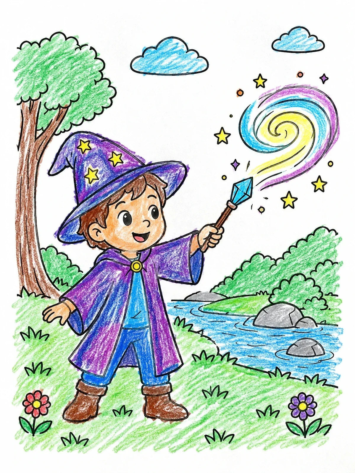 Colored example of the Little Wizard Casting Magic coloring page