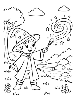 Free printable Little Wizard Casting Magic coloring page