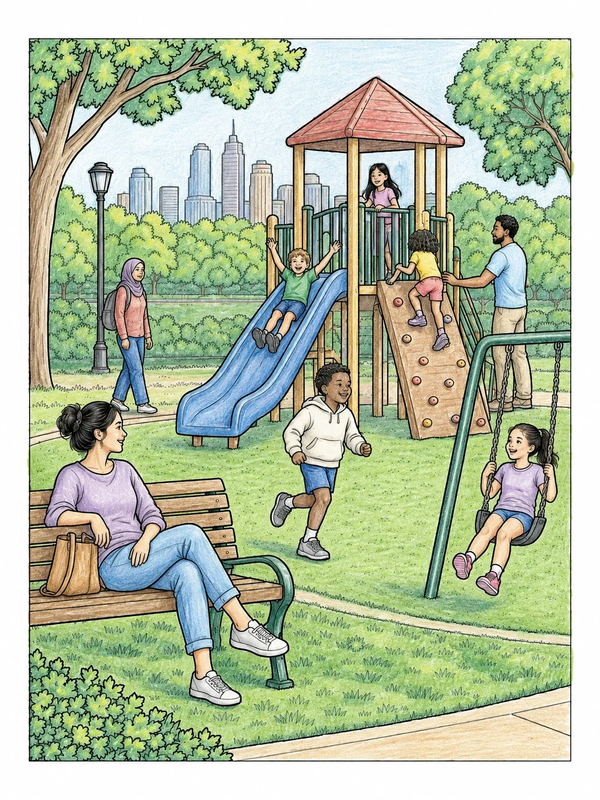 Colored example of the Lively City Park Playground coloring page