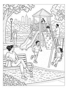 Families enjoy an active day outdoors in this playground coloring page featuring swings, slides, and park trees.