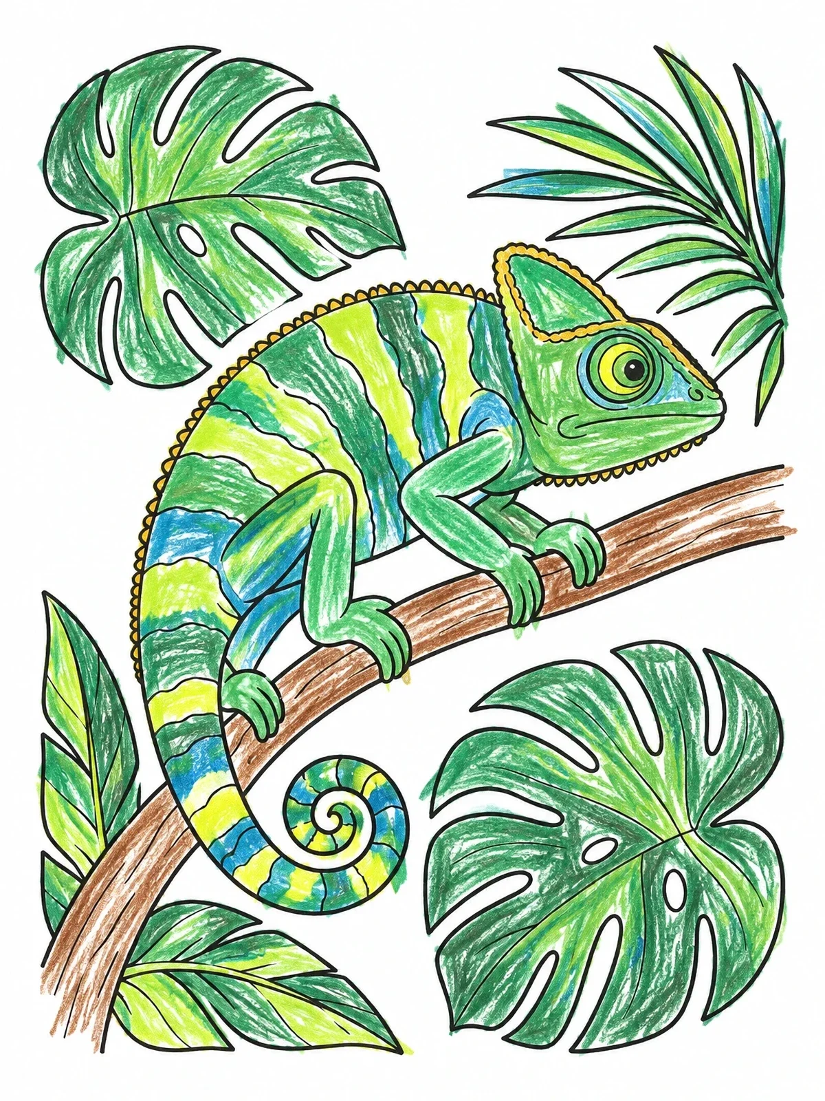 Colored example of the Chameleon On A Branch coloring page