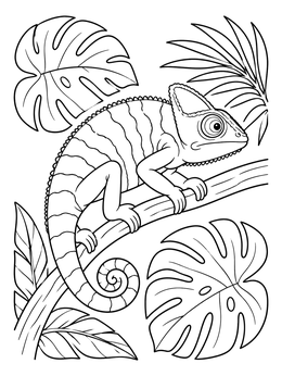 A striped chameleon rests on a branch in this lizard coloring page surrounded by monstera leaves.