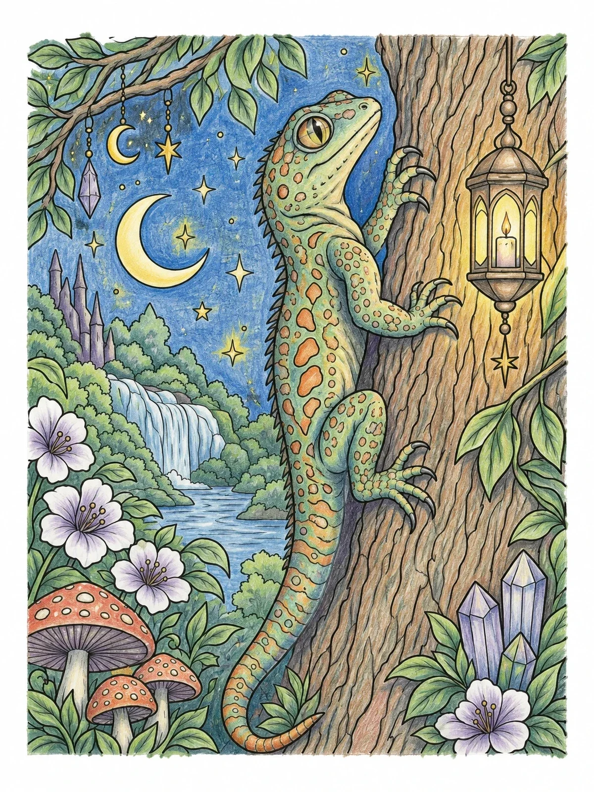 Colored example of the Lizard Climbing Tree At Night coloring page
