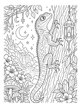 Detailed lizard coloring page featuring a gecko climbing tree bark beside a lantern and moonlit waterfall.