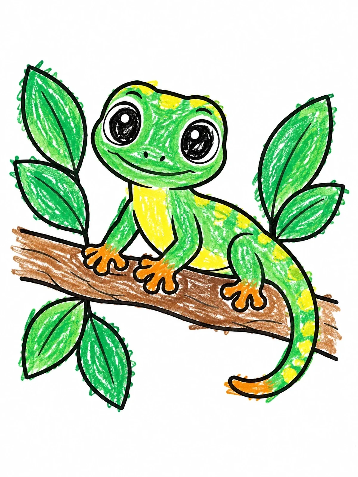 Colored example of the Cute Baby Gecko On Branch coloring page