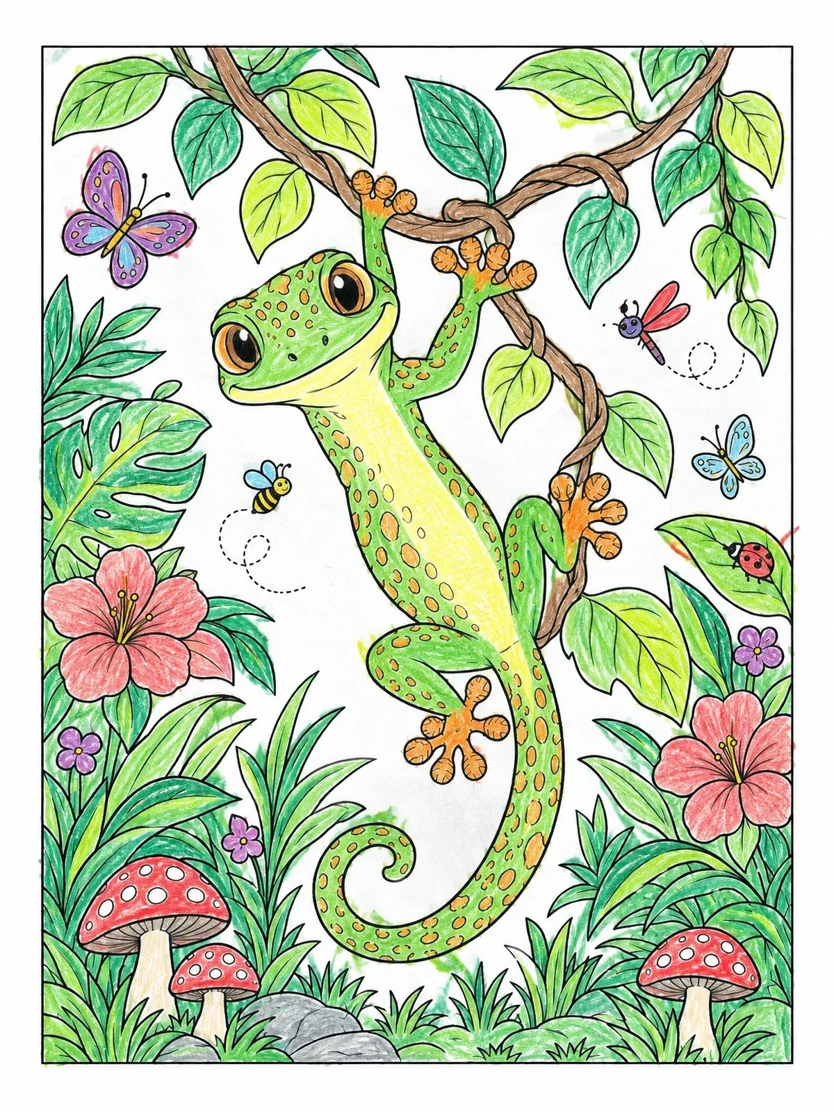 Colored example of the Cute Gecko Hanging On Jungle Vine coloring page
