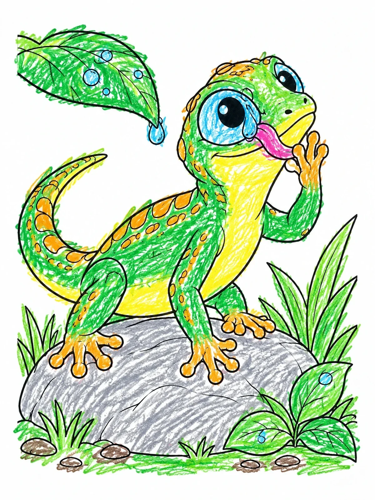 Colored example of the Cute Gecko Licking Eye coloring page