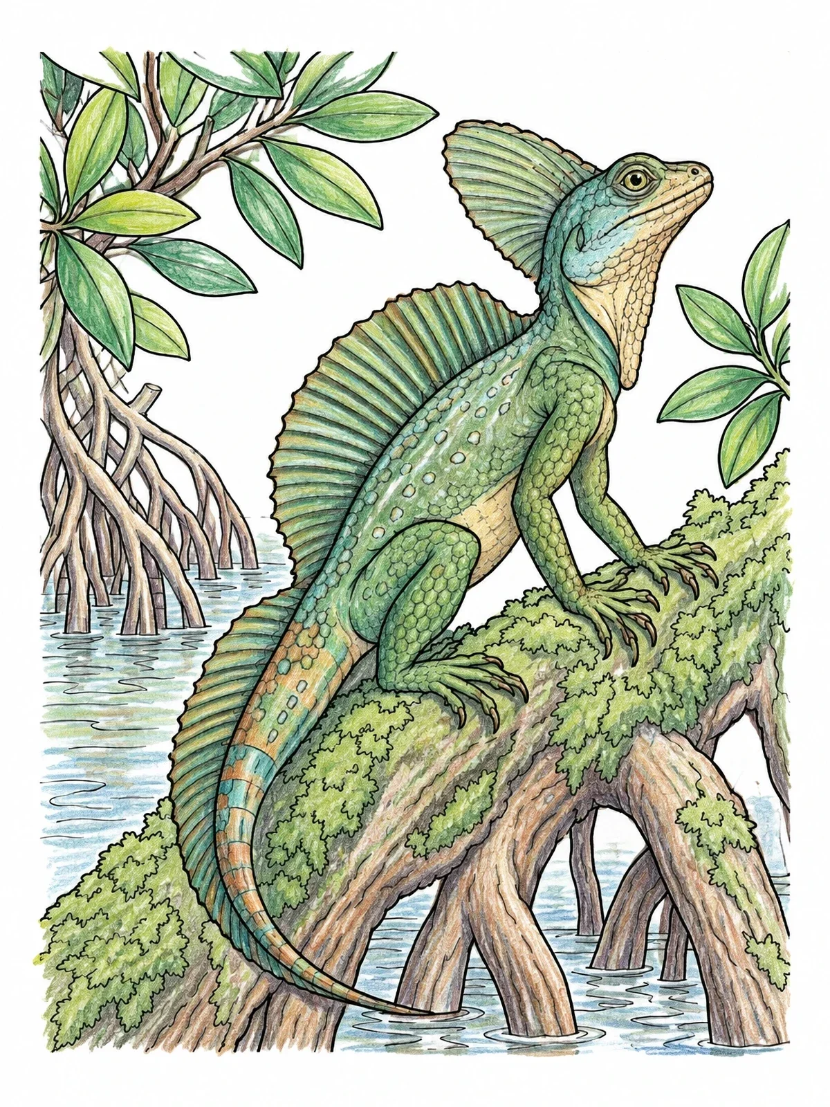 Colored example of the Plumed Basilisk On Mangrove Root coloring page