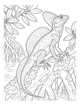 Realistic basilisk lizard coloring page perched on mangrove roots in tropical water.