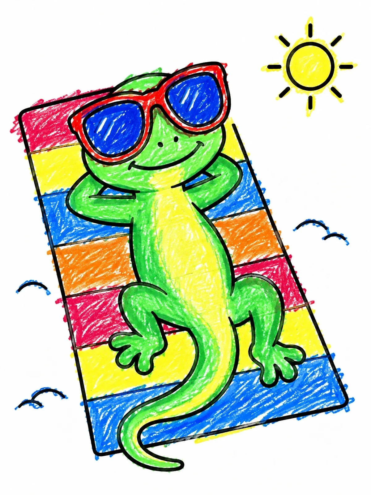 Colored example of the Lizard Sunbathing On Beach Towel coloring page