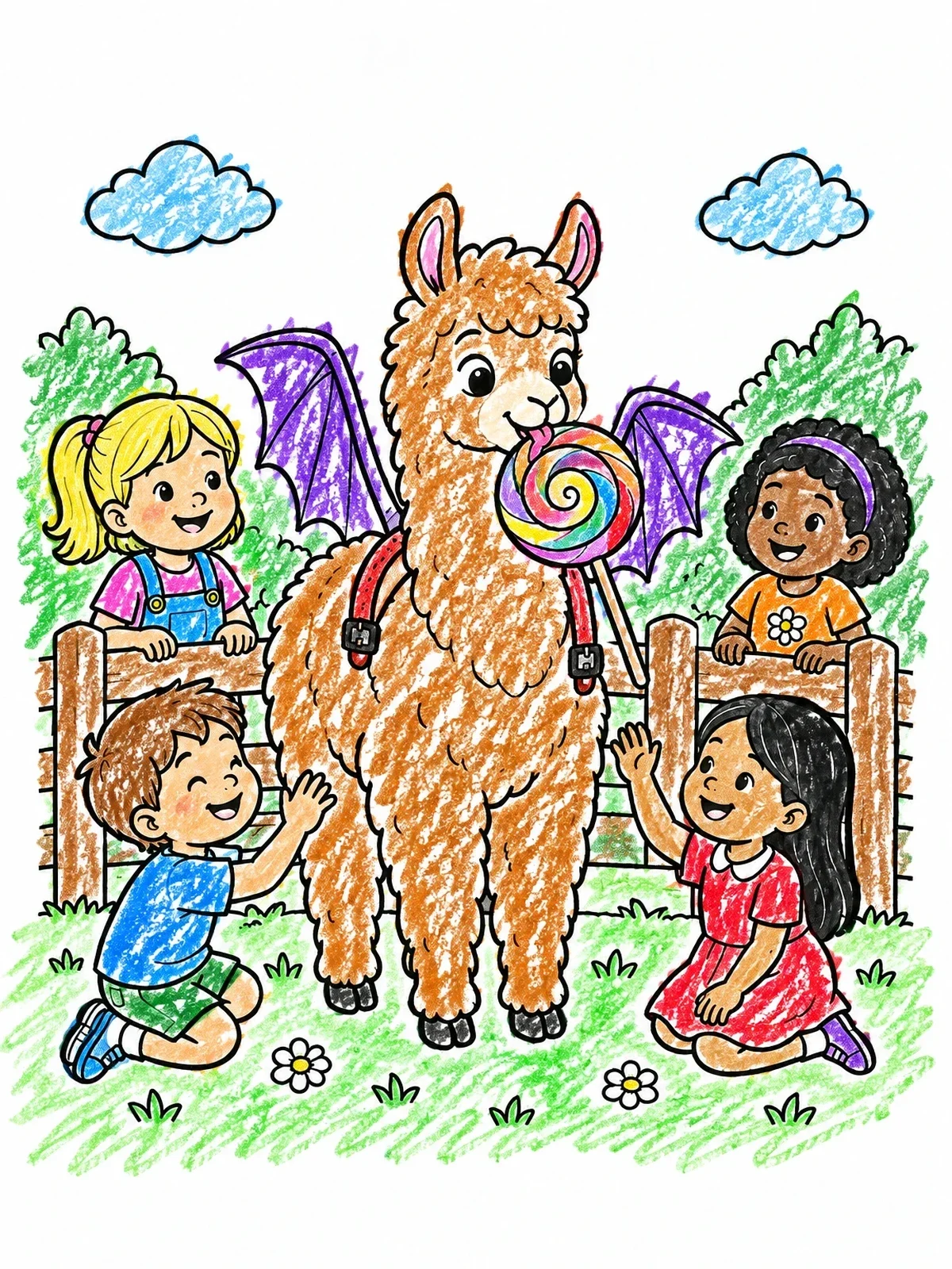 Colored example of the Llama With Bat Wings And Children coloring page